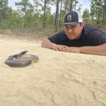 Former student lays on his stomach to examine a snake in the sand